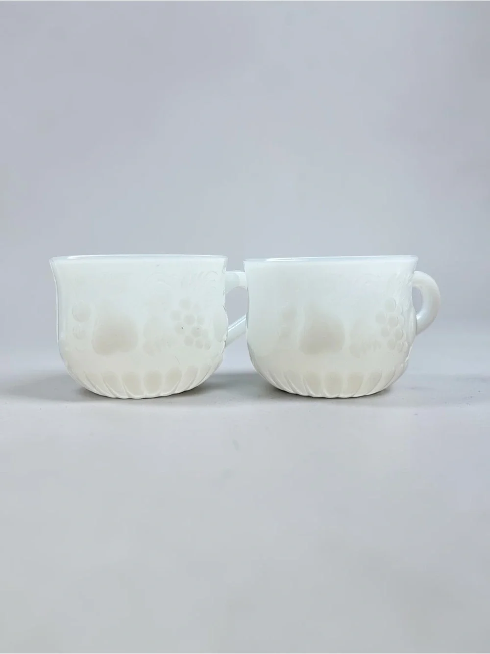 Vintage Pair Cups White Milk Glass for Punch Bowl Fruit Grape Cherry Pear Flawed